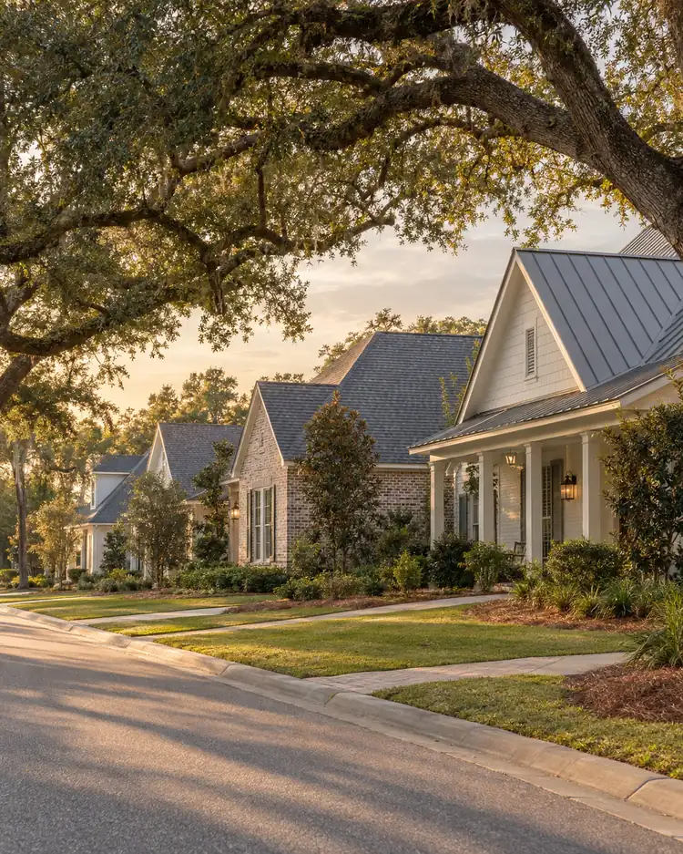 Illustrative Eastern Shore rooflines beneath live oaks in soft evening light