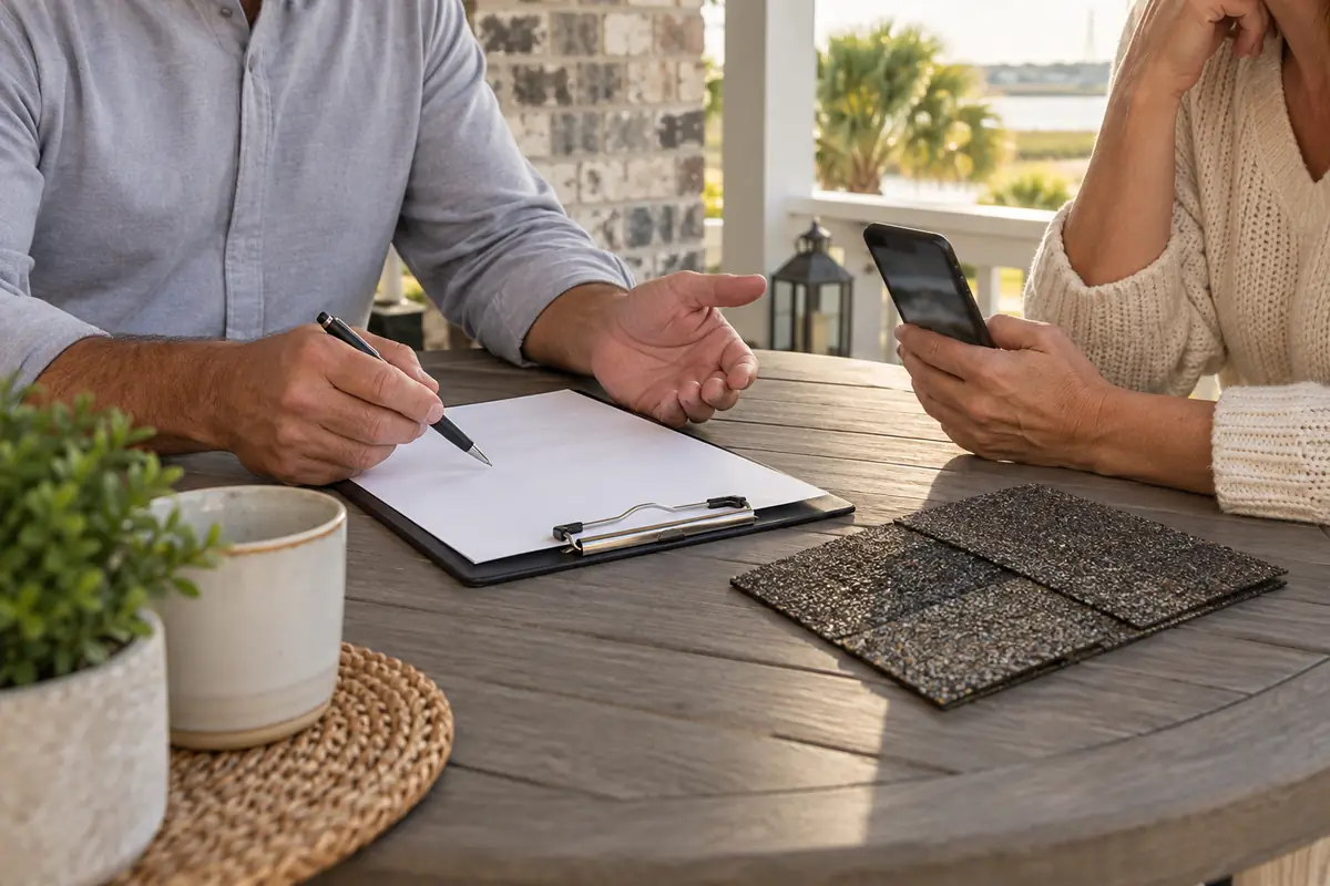Illustrative homeowners reviewing a roofing estimate and shingle sample