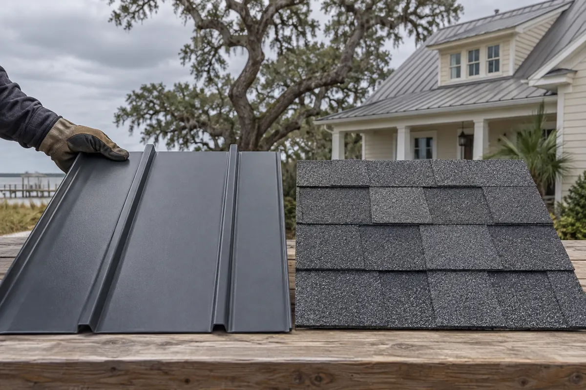 Illustration comparing metal panels with asphalt shingles
