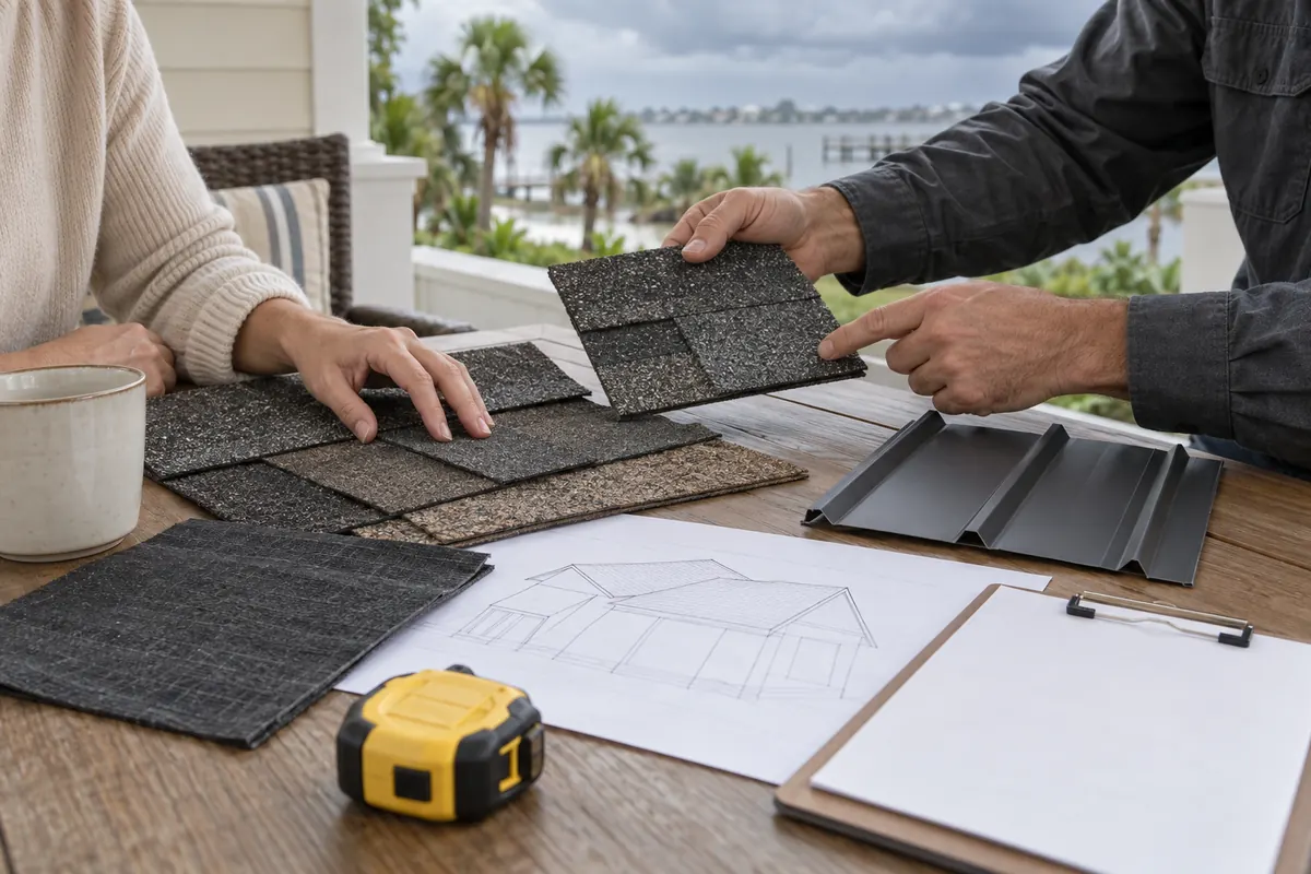 Illustration of shingles and metal roofing materials