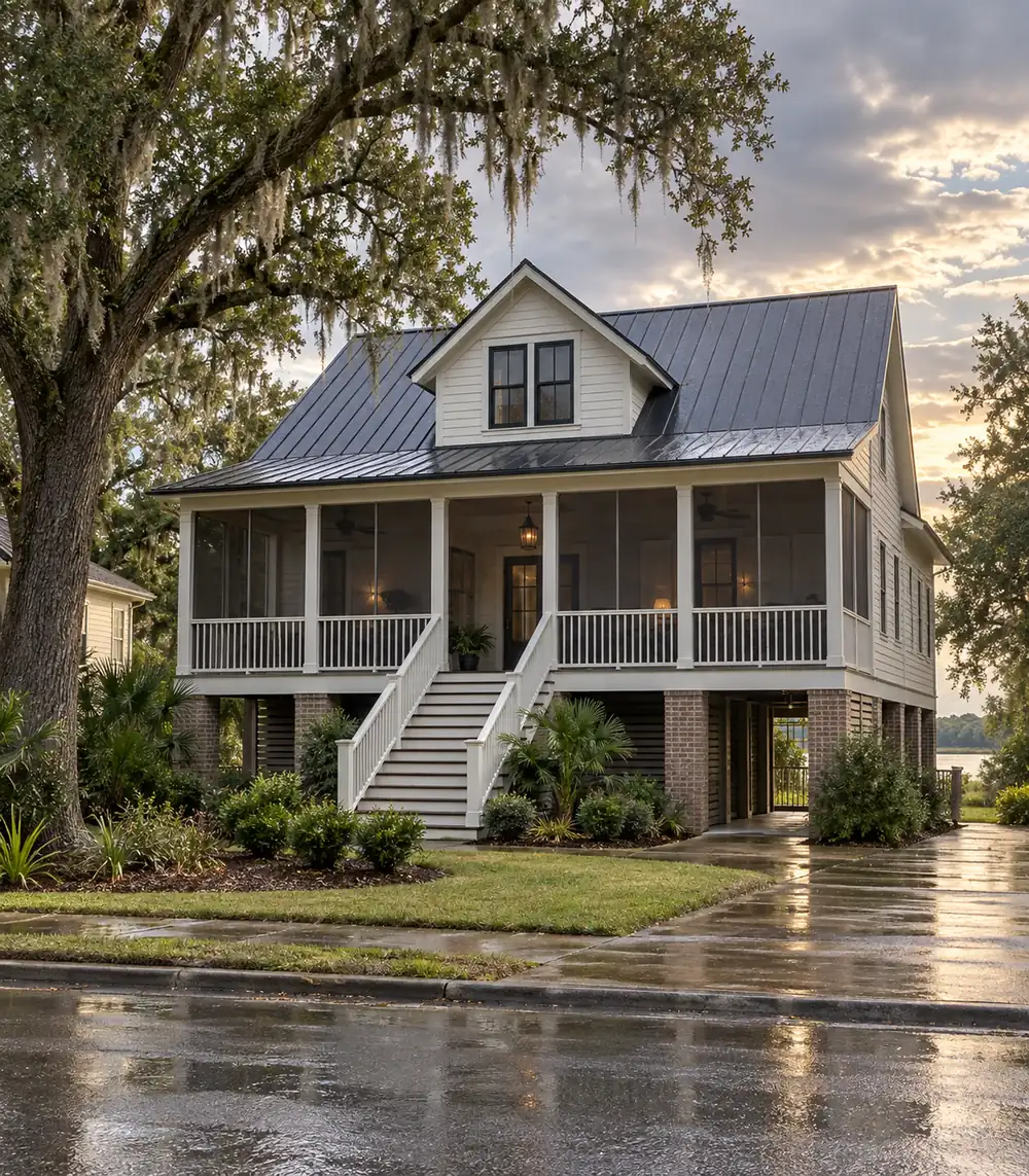 Illustrative Gulf Coast cottage with a charcoal roof, screened porch, and live oak